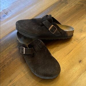 Birkenstock Boston Brown Suede Clogs with Metal Buckle